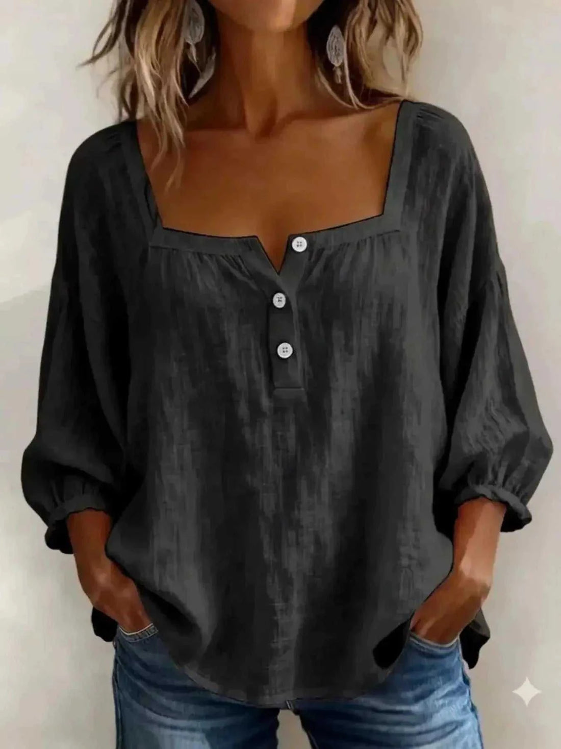 Square Neck Blouse in black polyester with a buttoned front and gathered three-quarter sleeves