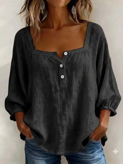 Square Neck Blouse in black polyester with a buttoned front and gathered three-quarter sleeves