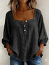 Square Neck Blouse in black polyester with a buttoned front and gathered three-quarter sleeves