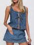 Tie-Front Tank denim set with sleeveless bow-front top and matching blue denim mini skirt
