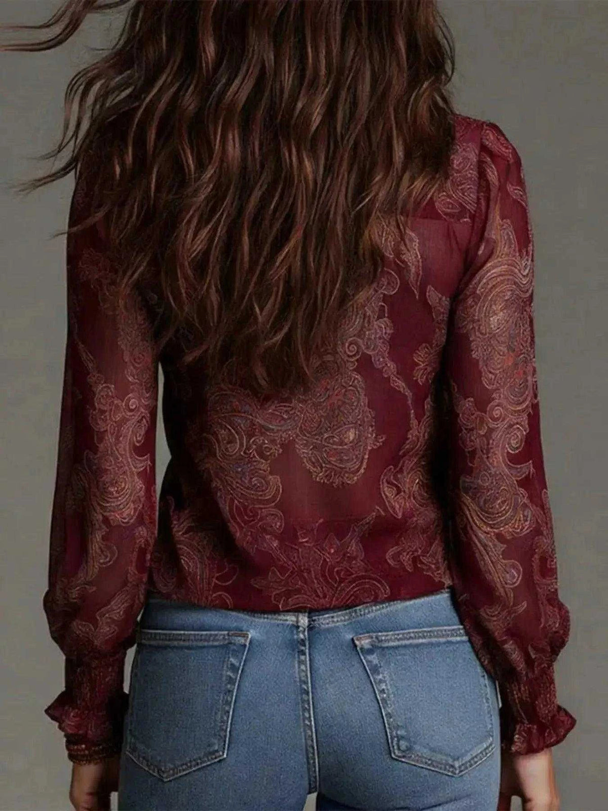 Full Size Paisley Print Ruffle Trim Zip-Front Blouse Plus Size Luxe Curves Plus Size Fashion
