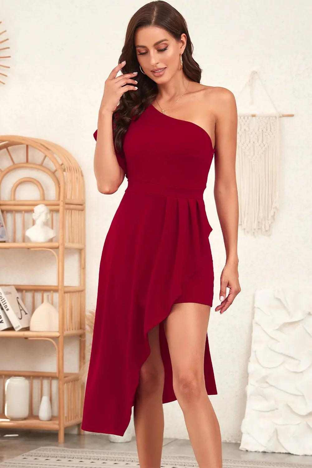 One-Shoulder Flutter Sleeve Asymmetrical Dress Luxe Curves Plus Size Fashion