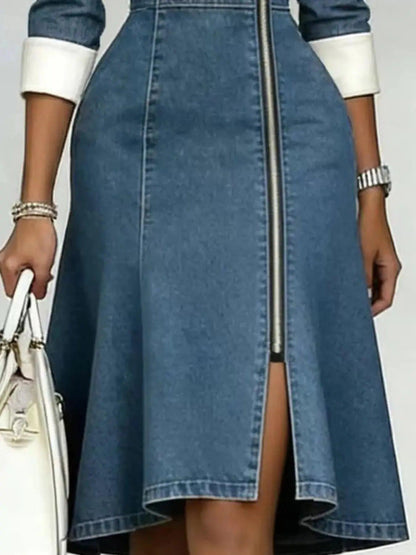 Full Size Contrast Lapel Zip-Front Denim Dress Plus Size Luxe Curves Plus Size Fashion
