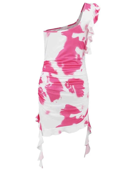 Ruffled Tie-Dye Single Shoulder Mini Dress Luxe Curves Plus Size Fashion