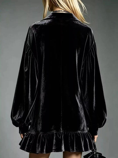 Full Size Velvet Ruffled Hem Long Sleeve Dress Plus Size Luxe Curves Plus Size Fashion