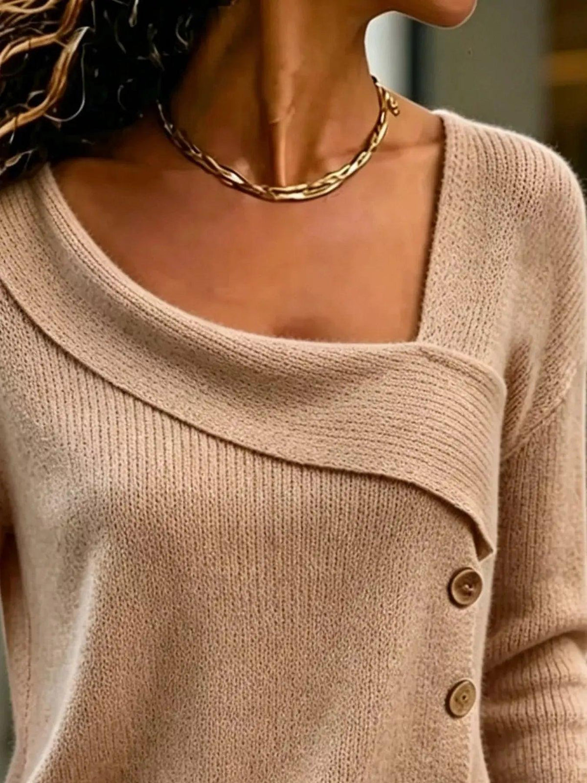 Full Size Asymmetrical Decor Button Sweater Plus Size Luxe Curves Plus Size Fashion