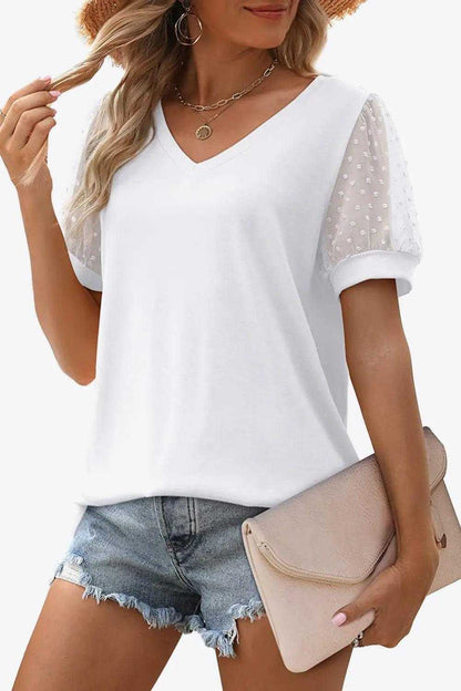 Swiss Dot Puff Sleeve V-Neck Tee Luxe Curves Plus Size Fashion