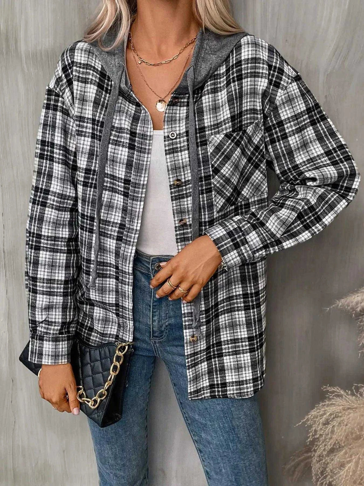 Plaid Button-Up Hooded Shirt with Chest Pocket Luxe Curves Plus Size Fashion