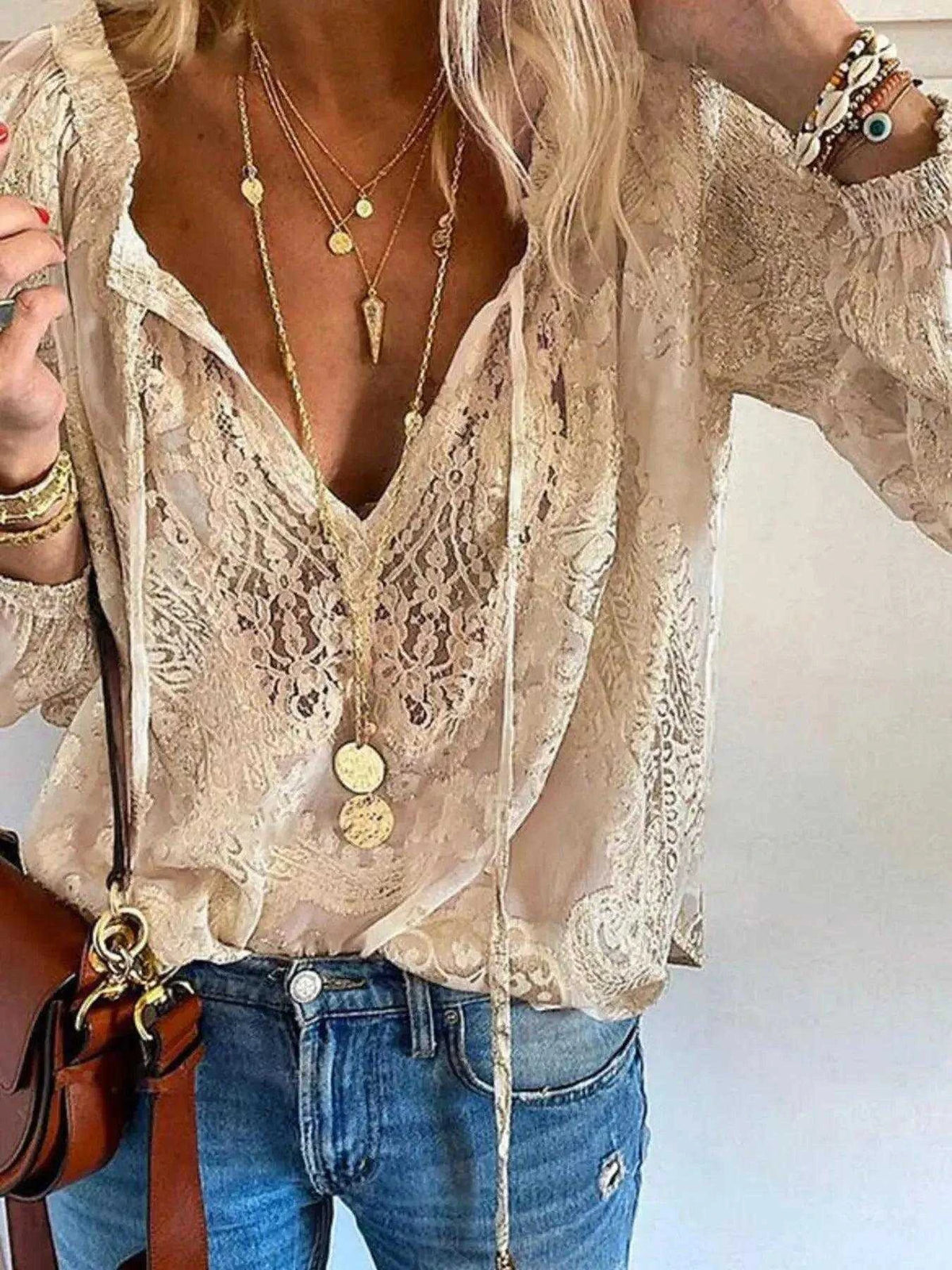 Lace Tie-Neck Blouse Luxe Curves Plus Size Fashion