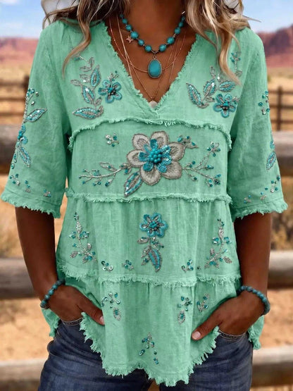 Full Size Floral Raw Hem V-Neck Blouse Plus Size Luxe Curves Plus Size Fashion