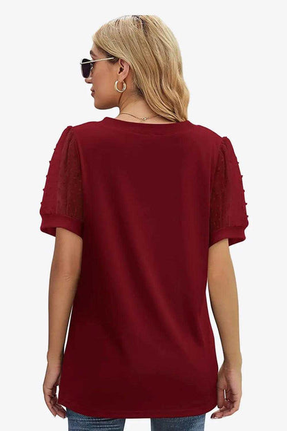 Swiss Dot Puff Sleeve V-Neck Tee Luxe Curves Plus Size Fashion