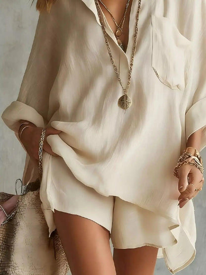 Full Size Oversized Long Sleeve Shirt and Shorts Two-Piece Set Plus Si Luxe Curves Plus Size Fashion