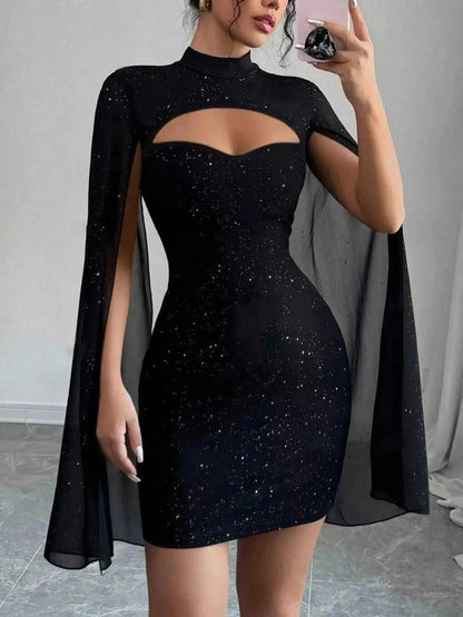 Cutout Bodycon Mini Dress in black glitter fabric with a high neckline, chest cutout and cape sleeves