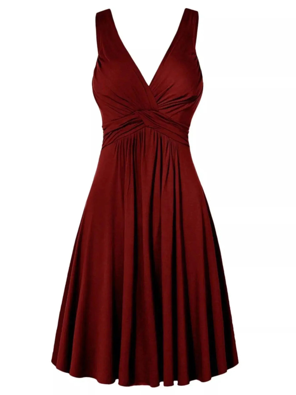 Twisted Sleeveless Dress in burgundy polyester with ruched waist, V-neckline, and flowing A-line skirt