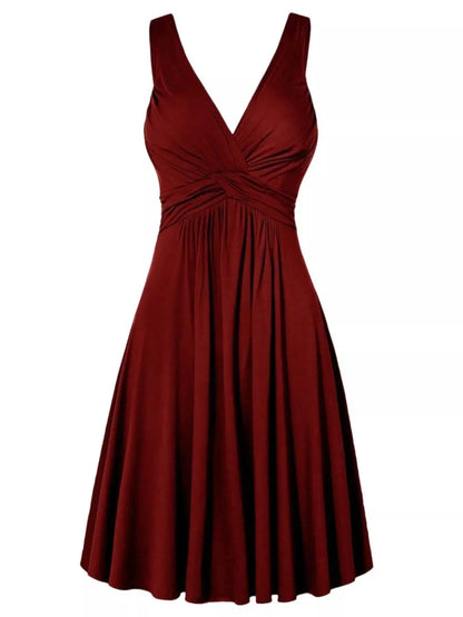 Twisted Sleeveless Dress in burgundy polyester with ruched waist, V-neckline, and flowing A-line skirt