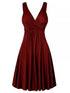 Twisted Sleeveless Dress in burgundy polyester with ruched waist, V-neckline, and flowing A-line skirt