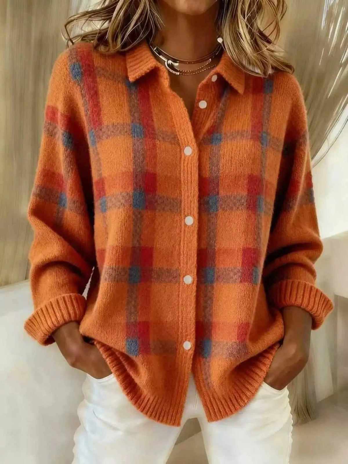 Full Size Plaid Button-Down Knit Cardigan Plus Size Luxe Curves Plus Size Fashion