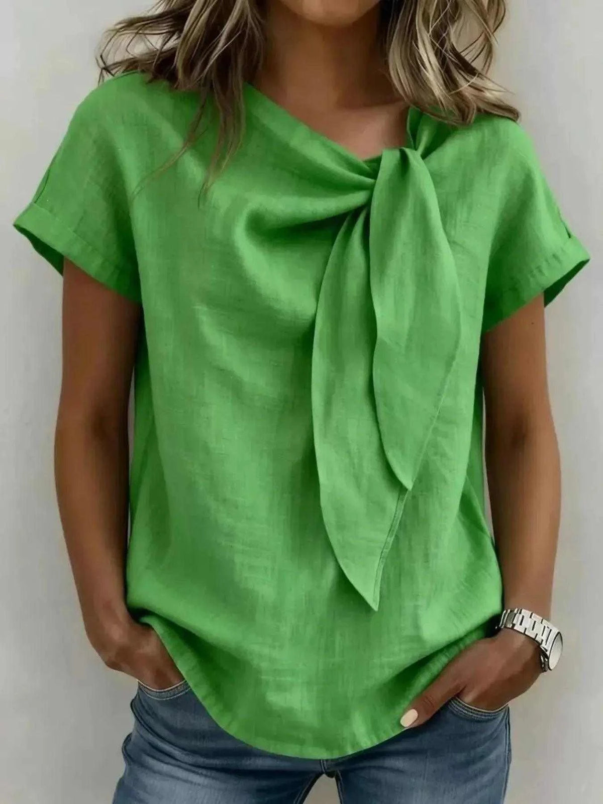 Full Size Bow Tie Neck Short Sleeve Blouse Plus Size Luxe Curves Plus Size Fashion