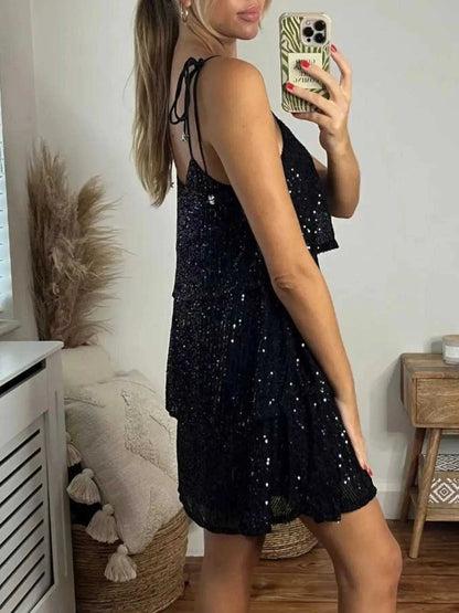 Full Size Sequin Tie Shoulder Mini Dress Plus Size Luxe Curves Plus Size Fashion
