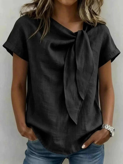 Full Size Bow Tie Neck Short Sleeve Blouse Plus Size Luxe Curves Plus Size Fashion