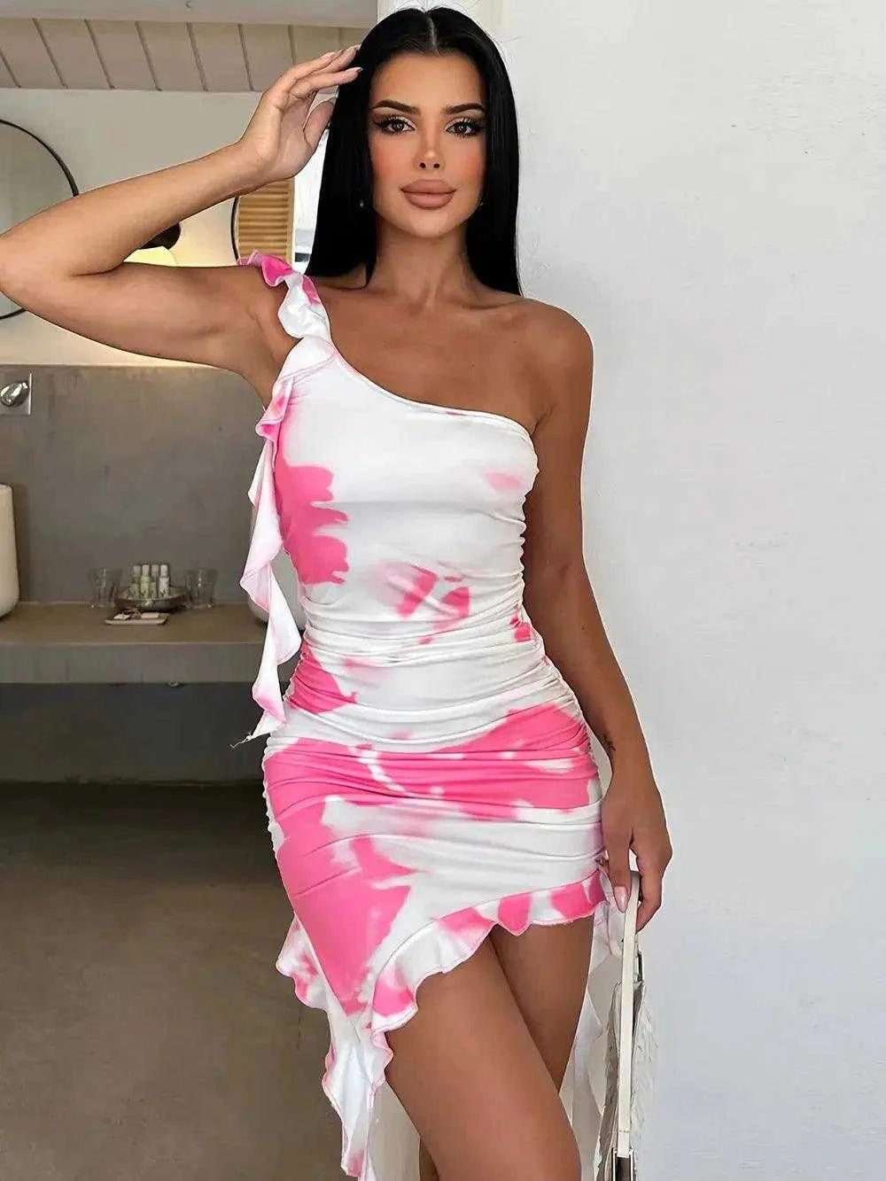 Ruffled Tie-Dye Single Shoulder Mini Dress Luxe Curves Plus Size Fashion