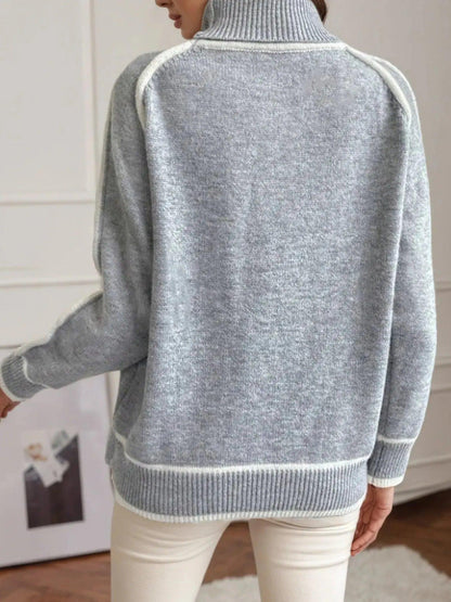 Turtleneck Contrast Trim Sweater with Ribbed Details Luxe Curves Plus Size Fashion
